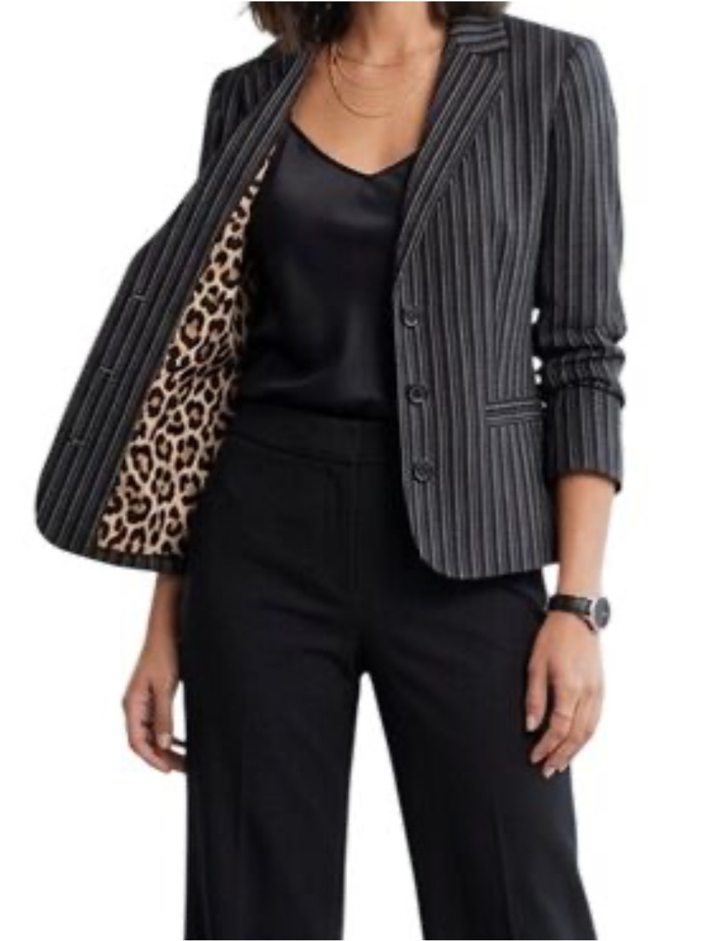 Cabi Pinstripe Blazer with Leopard Lining